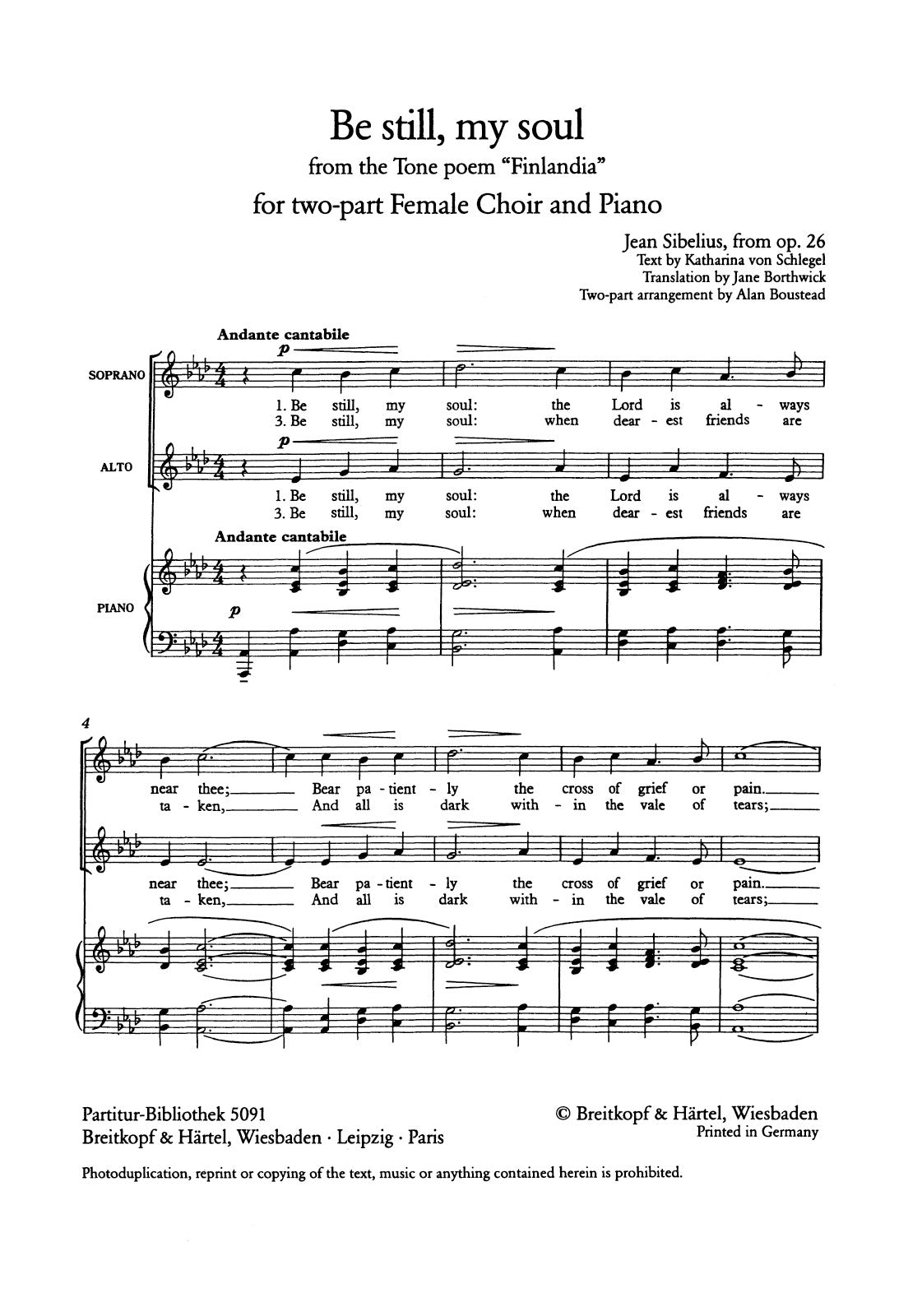Sibelius: Be still, my soul (Finlandia Hymn) arr. for 2-part female choir & piano