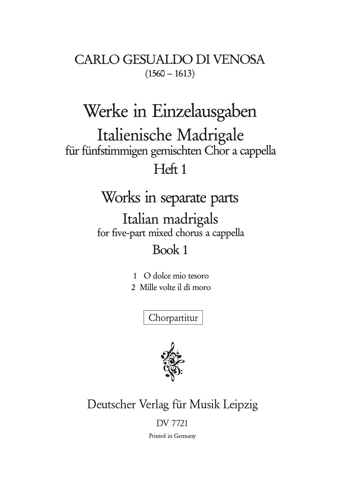 Gesualdo: Italian Madrigals - Volume 1 (O dolce mio tesore & Millel volte il di moro)